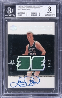 2003-04 UD "Exquisite Collection" Emblems of Endorsement #LB Larry Bird Signed Game Used Jersey Card (#01/15) – BGS NM-MT 8/BGS 10